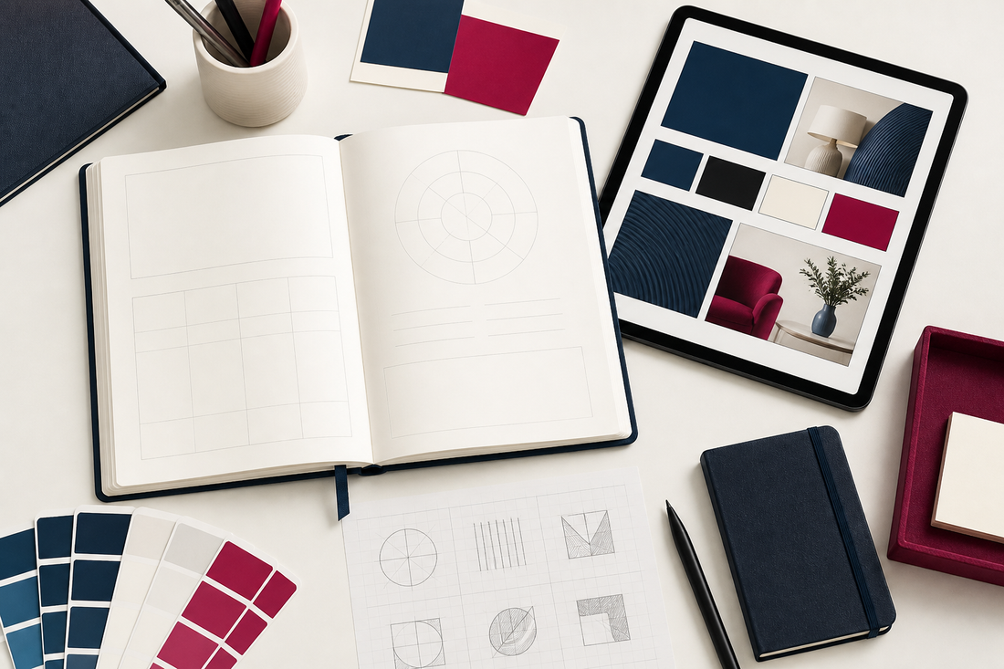 Small-business brand strategy workbook, color swatches, logo sketches, and a digital brand board arranged on a cream studio surface.