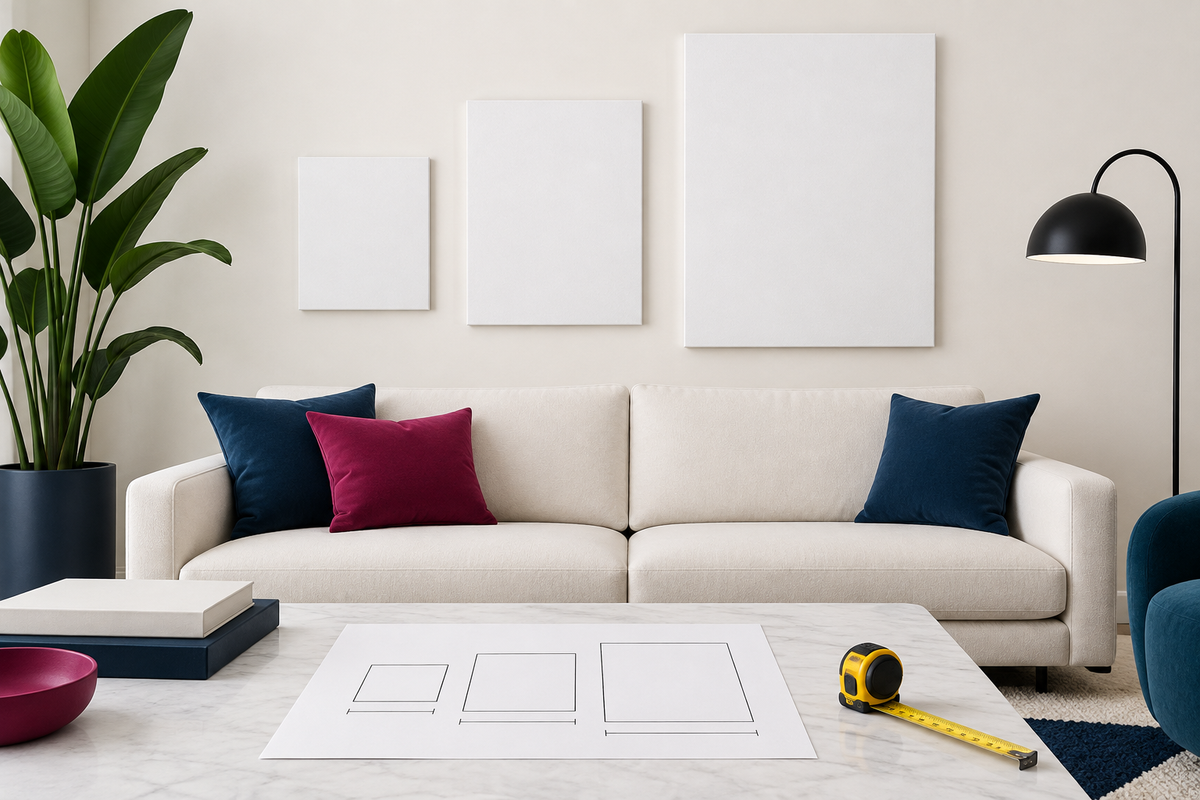 Small, medium, and large canvas proportions displayed above a modern sofa with a measuring tape and scale diagram.