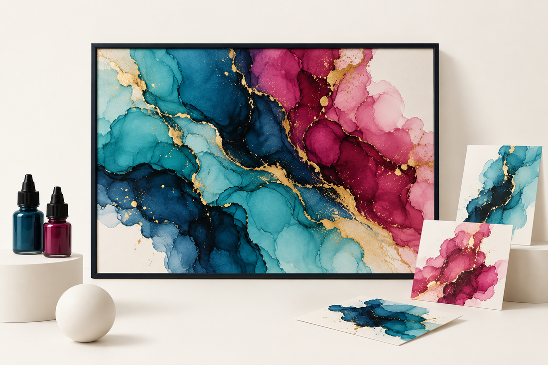 Abstract alcohol ink canvas and close-up fluid color details arranged on a cream studio surface.