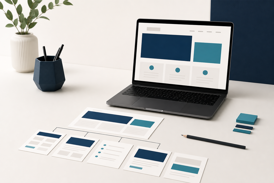 Laptop displaying a structured small-business homepage wireframe beside organized page cards and planning notes.