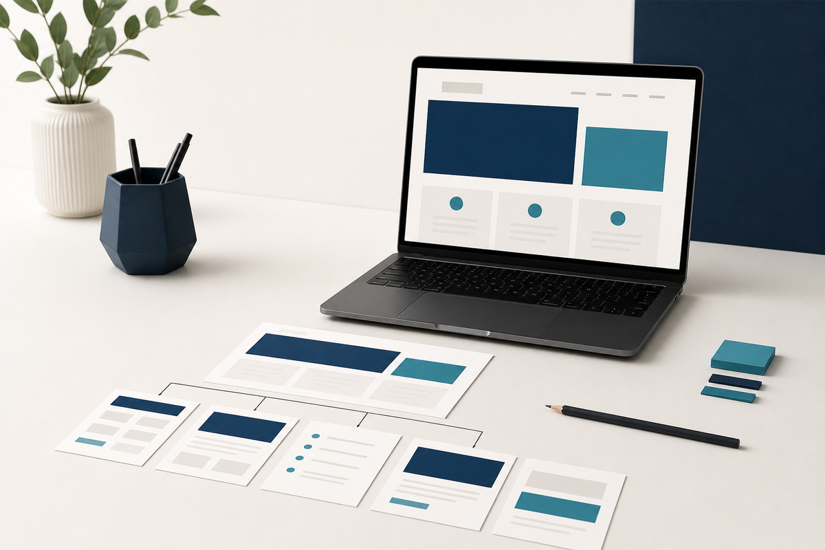 Laptop displaying a structured small-business homepage wireframe beside organized page cards and planning notes.
