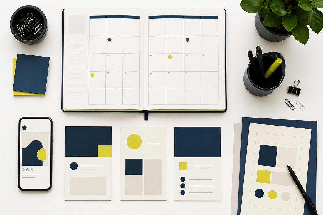 Monthly small-business marketing calendar, reusable content cards, and a phone arranged in a clean planning grid.