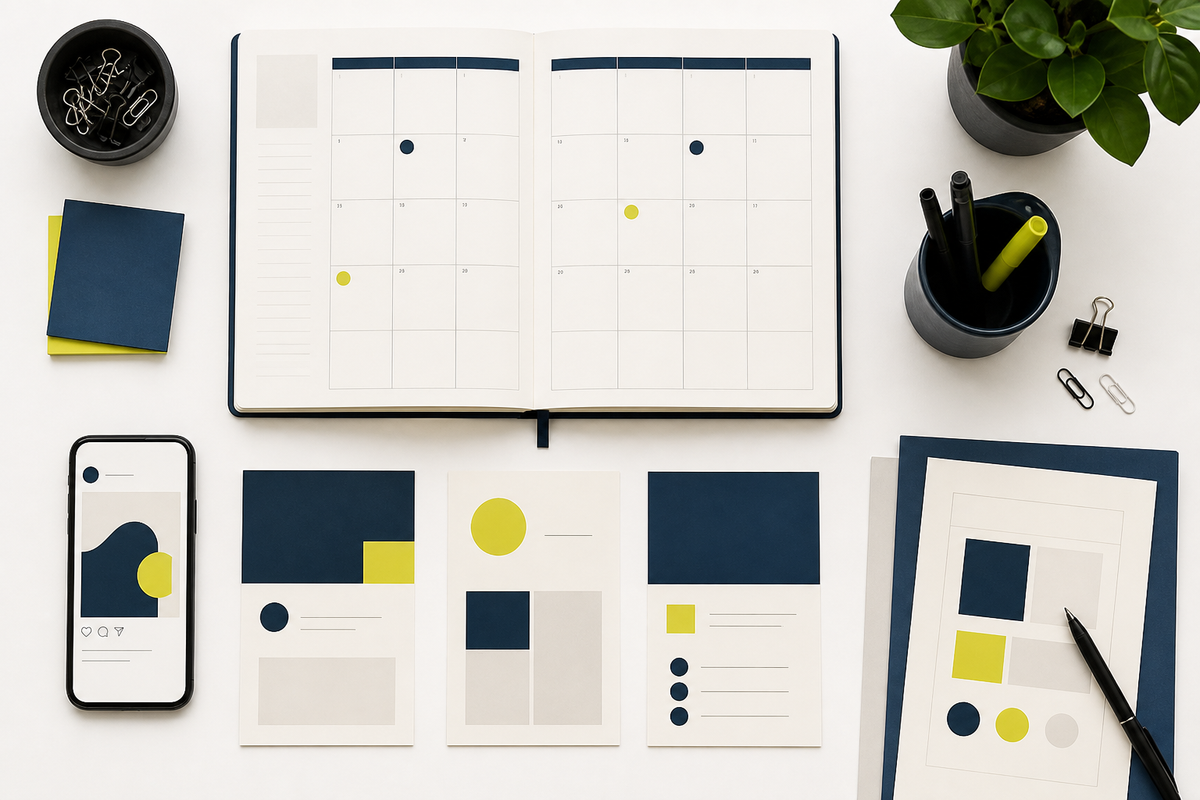 Monthly small-business marketing calendar, reusable content cards, and a phone arranged in a clean planning grid.
