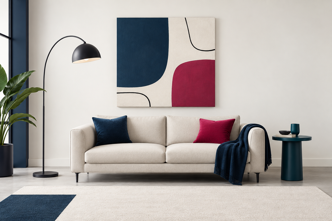 Properly scaled abstract canvas styled above a compact modern living-room sofa.