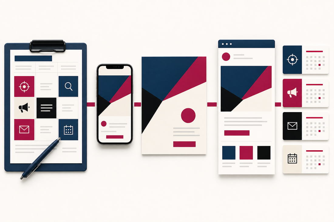 Product launch planner, social post, email layout, flyer, and calendar cards aligned into a coordinated campaign sequence.