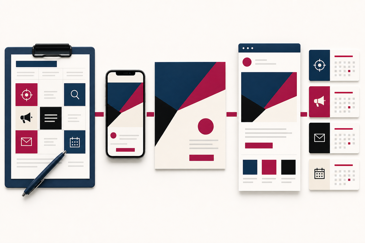 Product launch planner, social post, email layout, flyer, and calendar cards aligned into a coordinated campaign sequence.