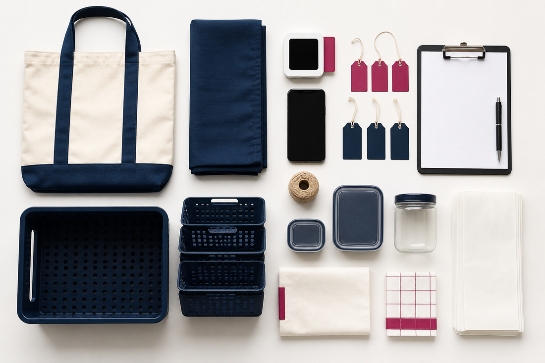 Farmers market vendor supplies, card reader, price tags, canvas tote, containers, and packing checklist arranged by category.