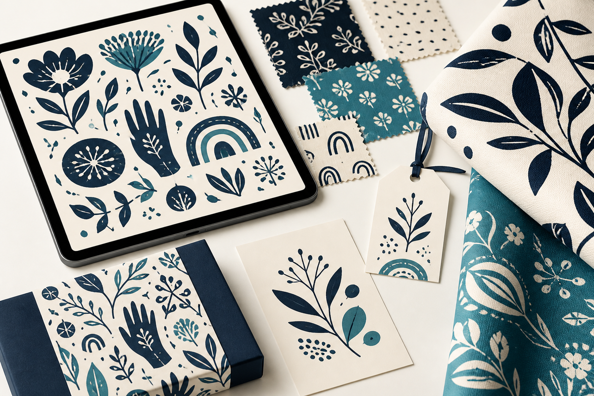 Digital botanical and bohemian design assets applied to stationery, packaging, fabric, gift tags, and a tablet workspace.