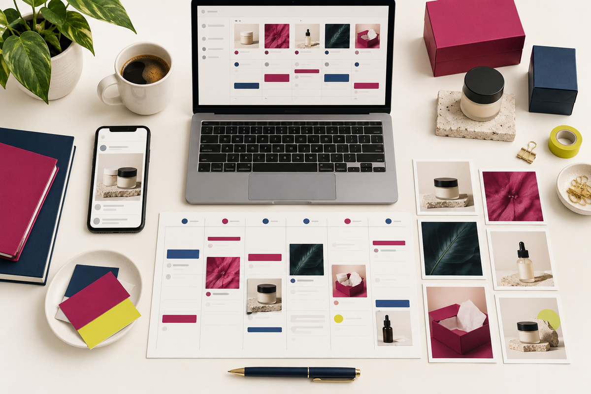 Product launch content calendar with laptop, social post cards, packaging mockups, and launch planning materials.
