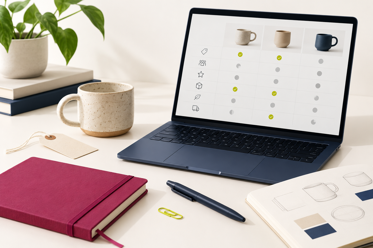 Maker research workspace with a comparison grid, product samples, and planning tools.