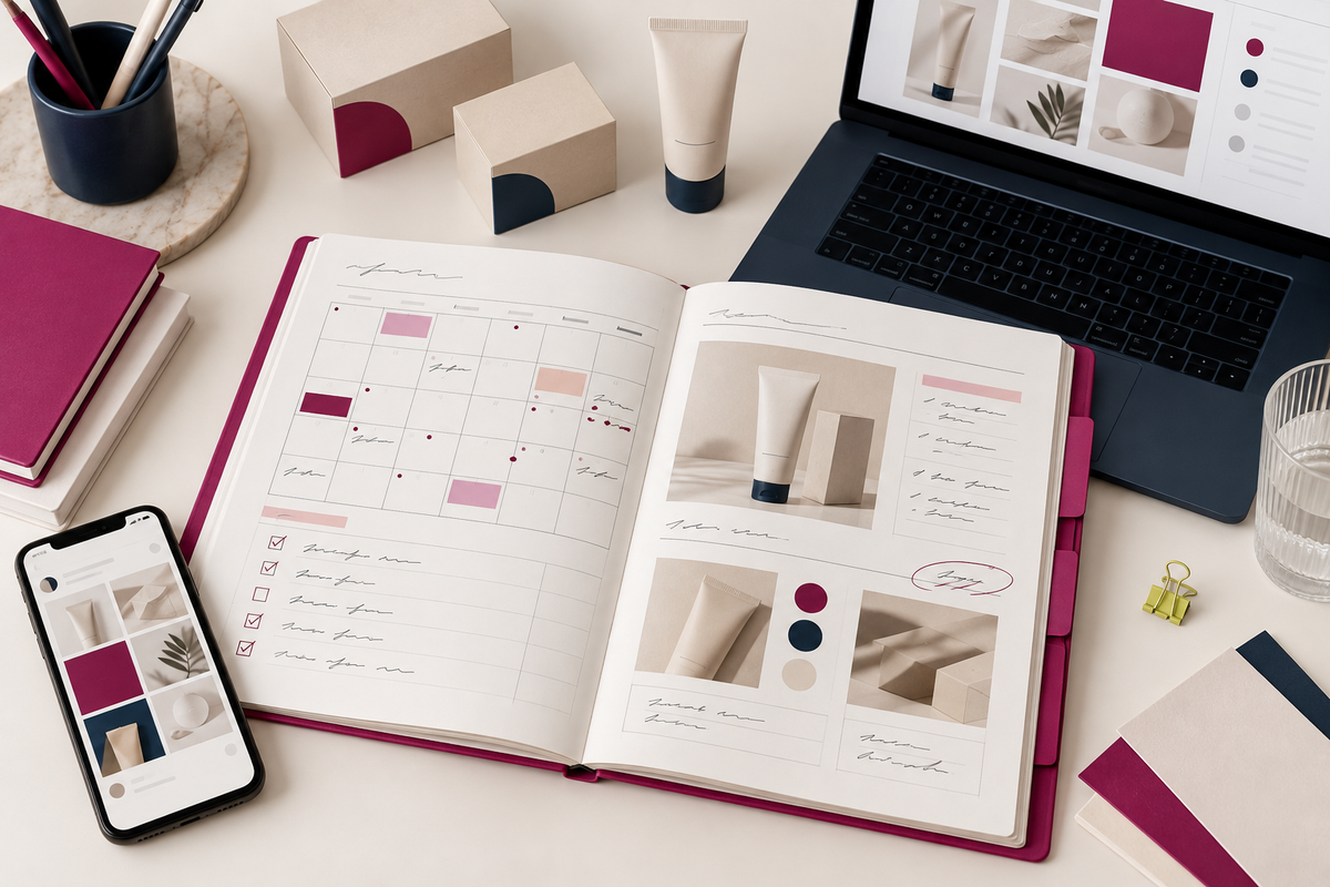 Open product launch planner with content calendar, checklist, product mockups, laptop, and phone on a clean studio desk.