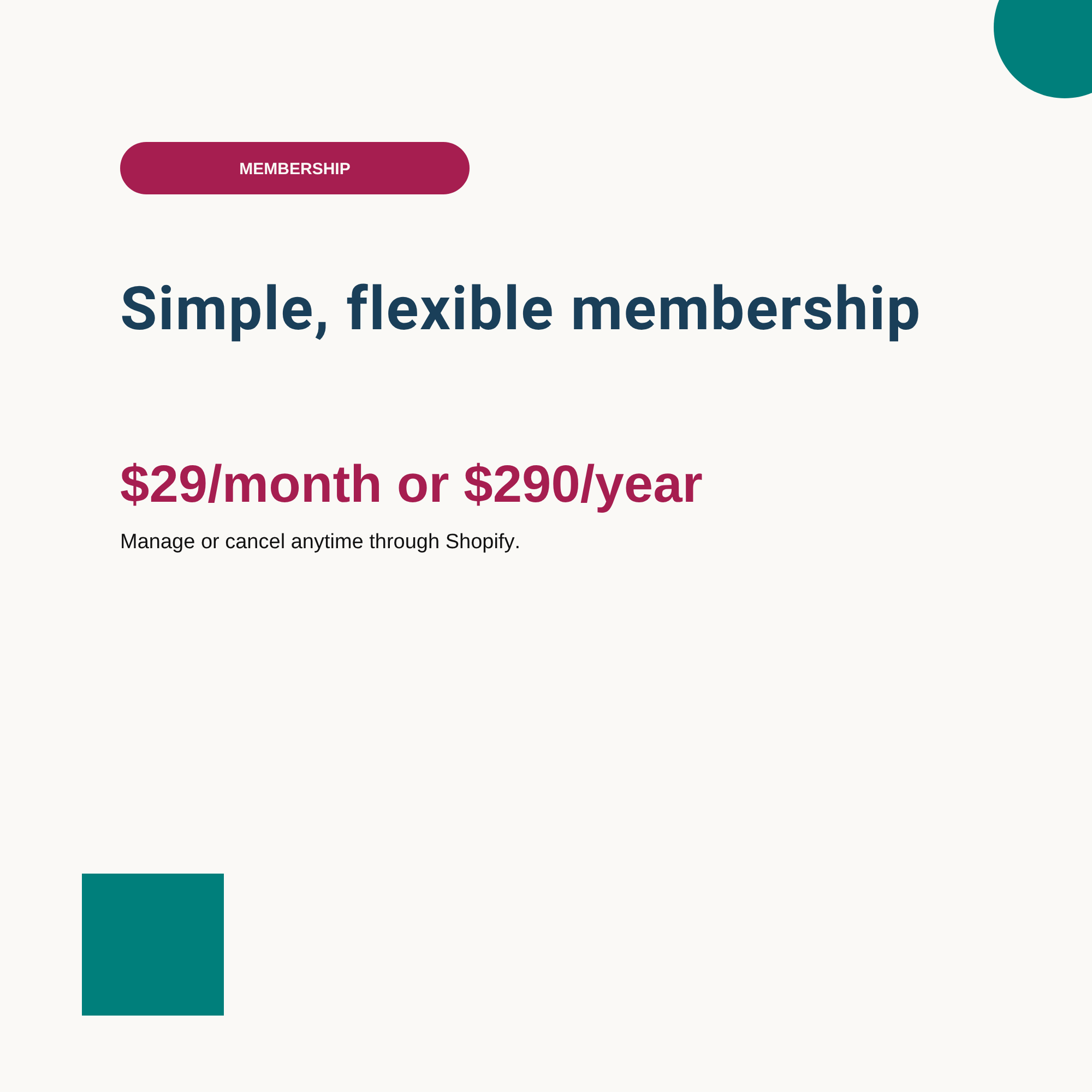 Simple, flexible membership — $29 per month or $290 per year pricing graphic