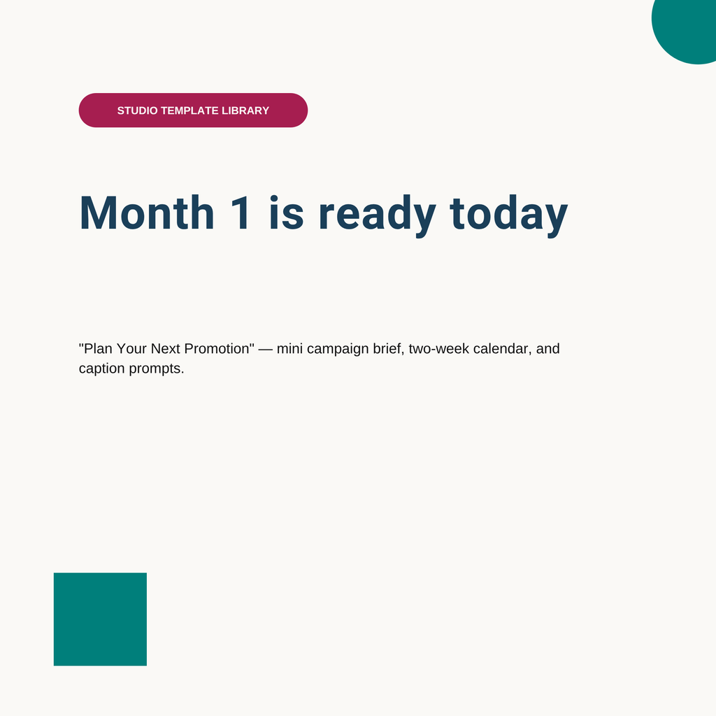 Month 1 is ready today — Plan Your Next Promotion mini-kit graphic