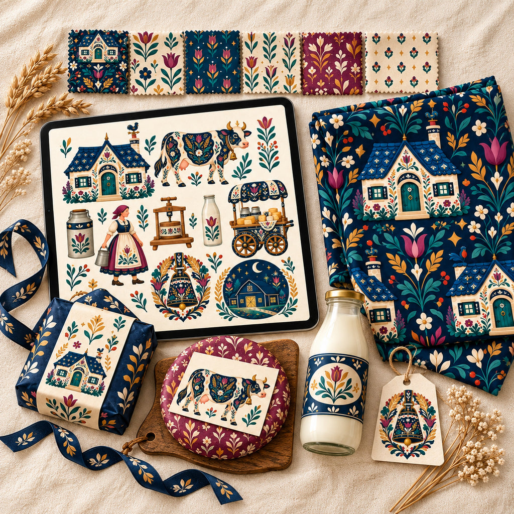 Folk Dairy Farm & Village Creamery Clipart Bundle - 40 Transparent PNGs + 6 Seamless Patterns