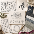 Complete Botanical Design Studio Bundle hero image featuring hand-drawn floral elements, frames, a monogram alphabet, and coordinated patterns