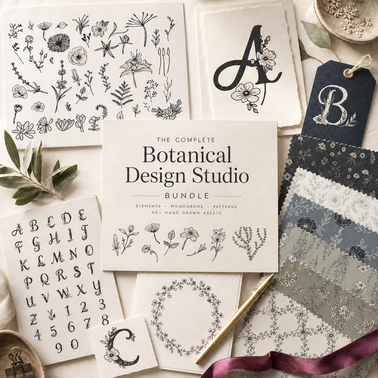 Complete Botanical Design Studio Bundle hero image featuring hand-drawn floral elements, frames, a monogram alphabet, and coordinated patterns