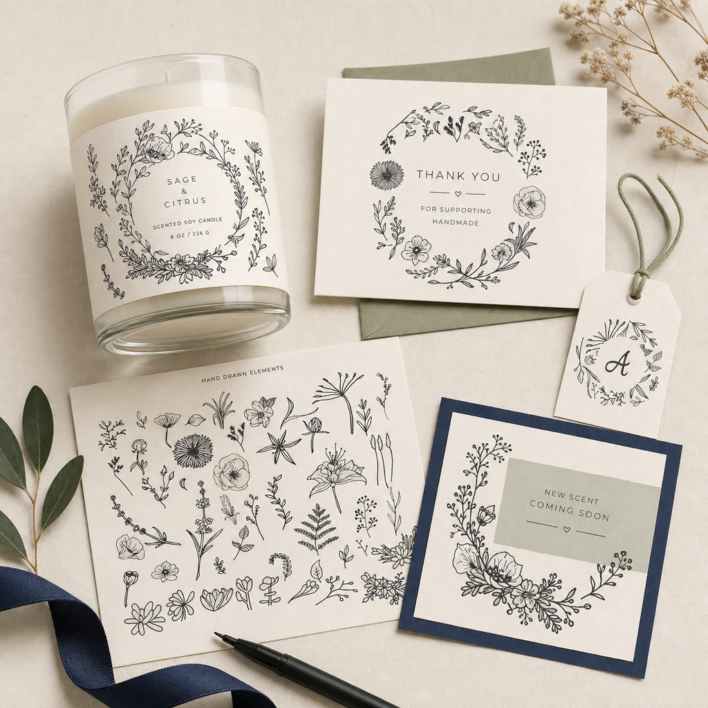 Hand-Drawn Botanical Elements & Frames Kit hero image featuring floral elements and decorative frames