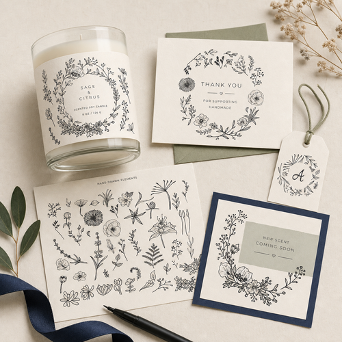 Hand-Drawn Botanical Elements & Frames Kit hero image featuring floral elements and decorative frames