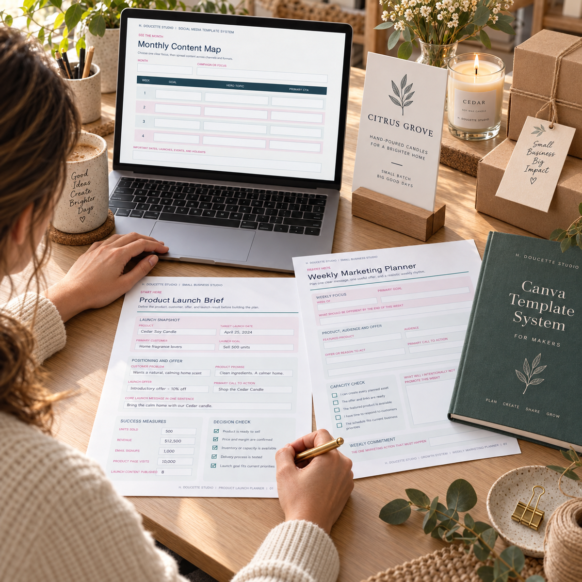Maker using the Brand and Marketing Bundle to plan a product launch with exactly two matching sleeves and hands.