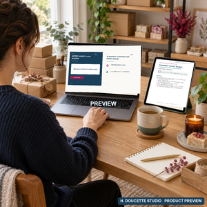 Small business owner using the Campaign Launch System workbook and editable Canva promotion templates on a laptop and tablet.
