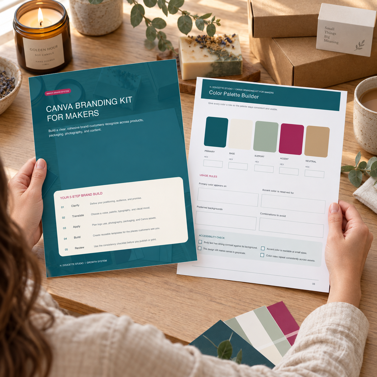 Maker using the Canva Branding Kit for Makers cover and Color Palette Builder at a candle and soap studio desk.
