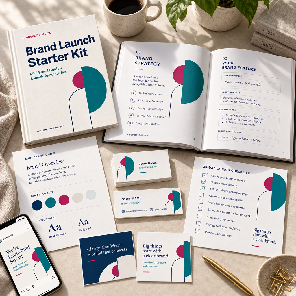 Brand Launch Starter Kit workbook, mini brand guide, business card, social templates, and checklist arranged in a warm studio flat lay.