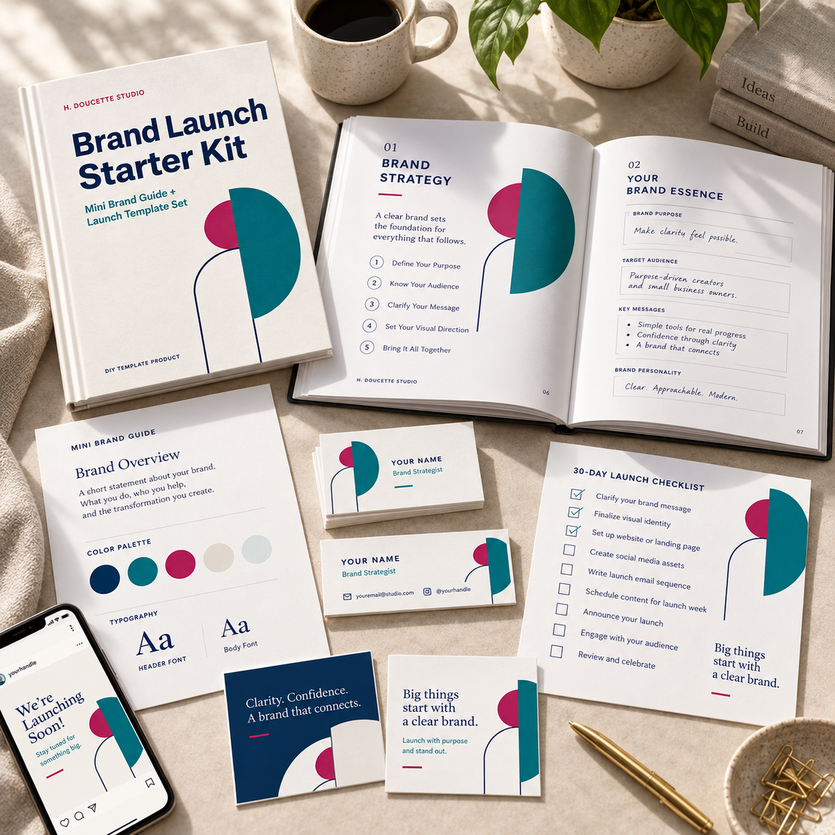 Brand Launch Starter Kit workbook, mini brand guide, business card, social templates, and checklist arranged in a warm studio flat lay.