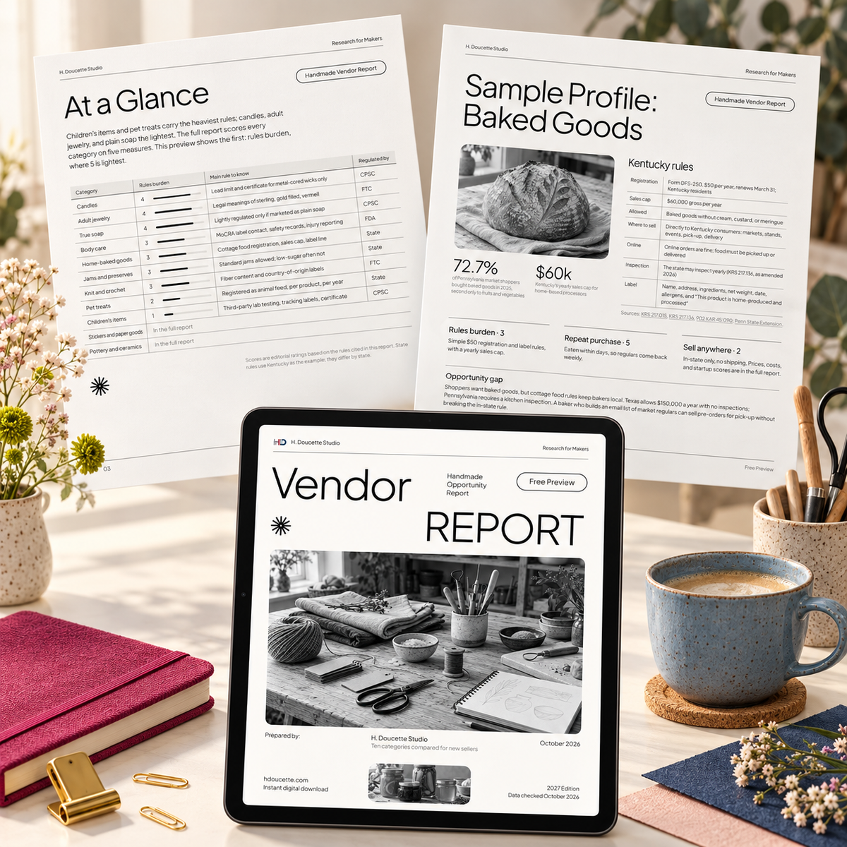 Free preview of the Handmade Vendor Report on a tablet with At a Glance and Baked Goods sample pages