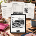 Handmade Vendor Opportunity Report on a tablet with index, scorecard, and pricing pages