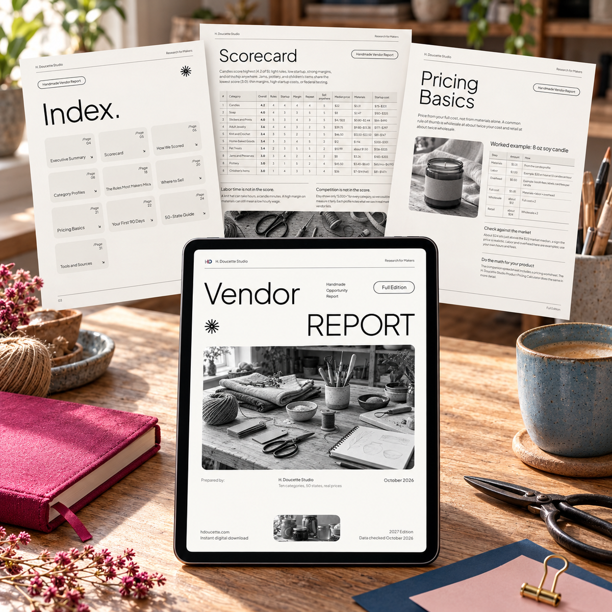 Handmade Vendor Opportunity Report on a tablet with index, scorecard, and pricing pages