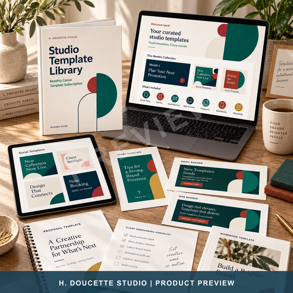 Studio Template Library membership shown across a laptop, tablet, guide, social templates, email banner, web banner, proposal, workbook, and checklist.