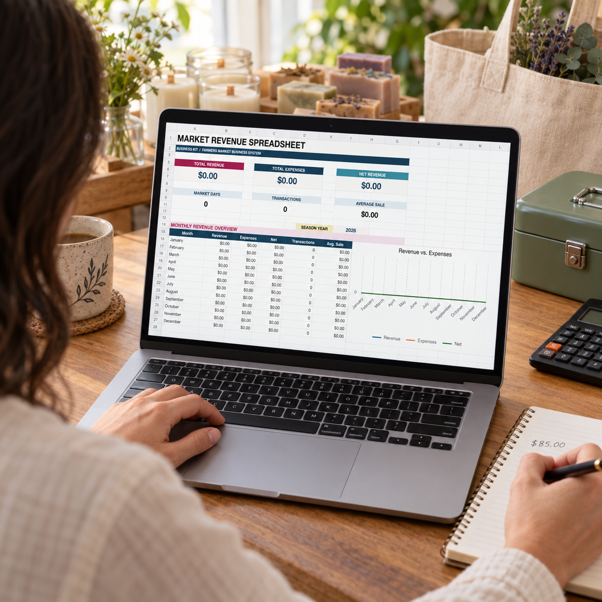 Market Revenue Spreadsheet dashboard in use on a laptop in a handmade goods studio