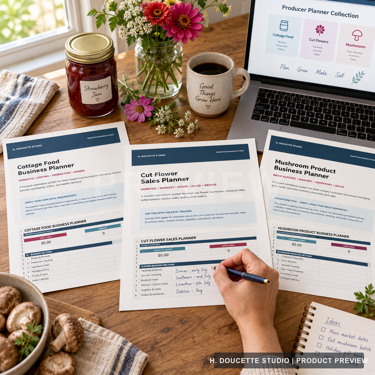 Homestead producer using the complete seven-planner collection with printed worksheets and a laptop dashboard.