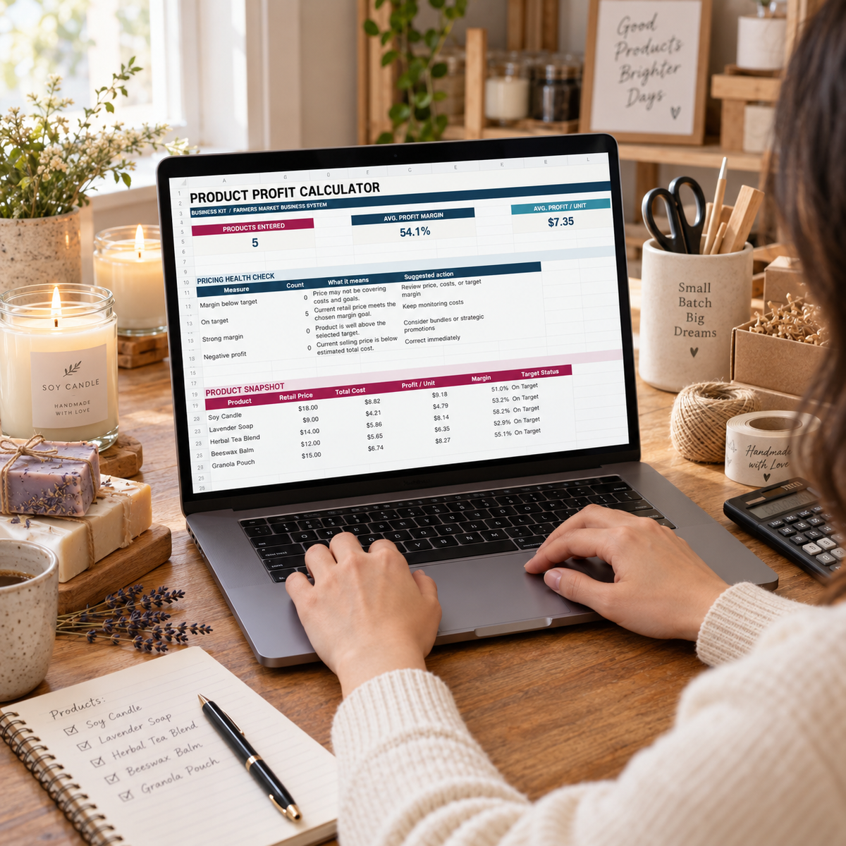 Product Profit Calculator dashboard in use in a handmade goods studio