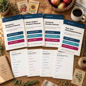 Seasonal Product Bundle printable planners arranged with produce, flowers, preserves, and planning tools.