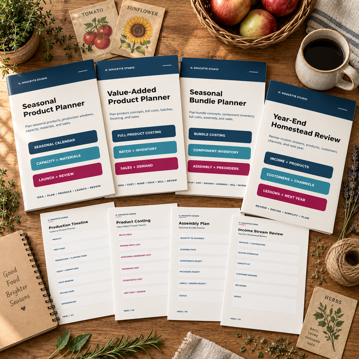 Seasonal Product Bundle printable planners arranged with produce, flowers, preserves, and planning tools.