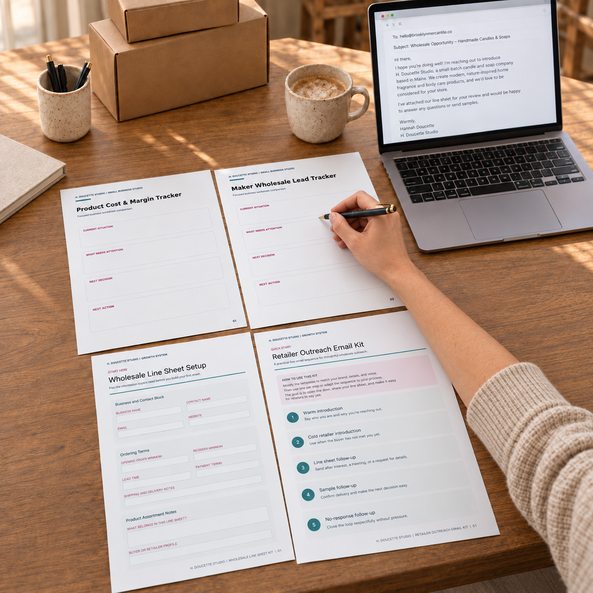 Maker writing in the Wholesale Growth Bundle lead tracker beside a retailer outreach email.