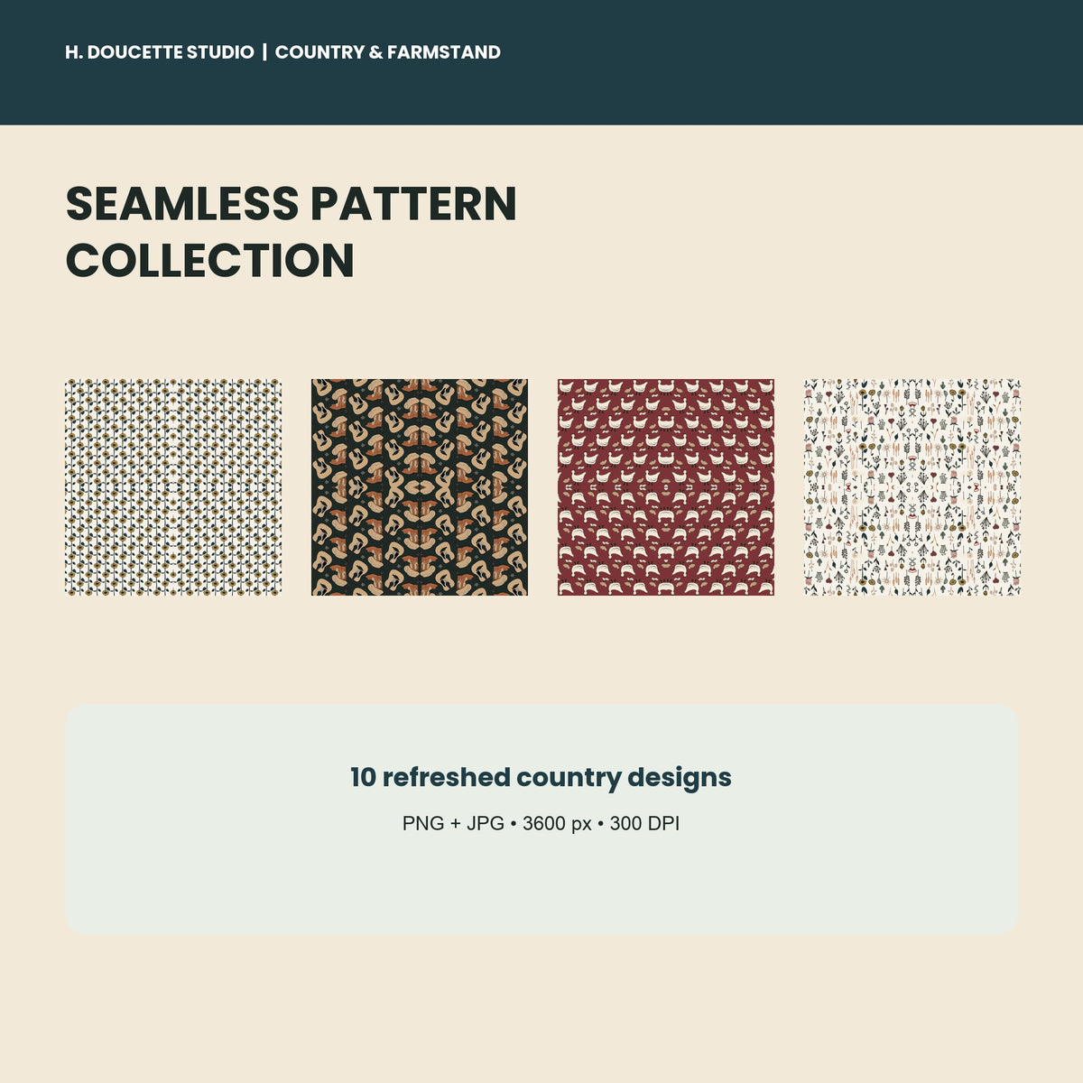 Country and Farmstand Seamless Pattern Collection with four featured designs.