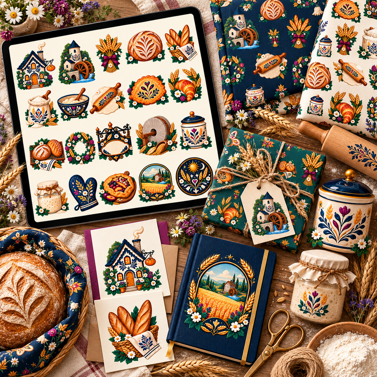 Folk Baker's Cottage & Flour Mill collection displayed in an eye-catching coordinated mockup with digital artwork and bakery packaging applications.