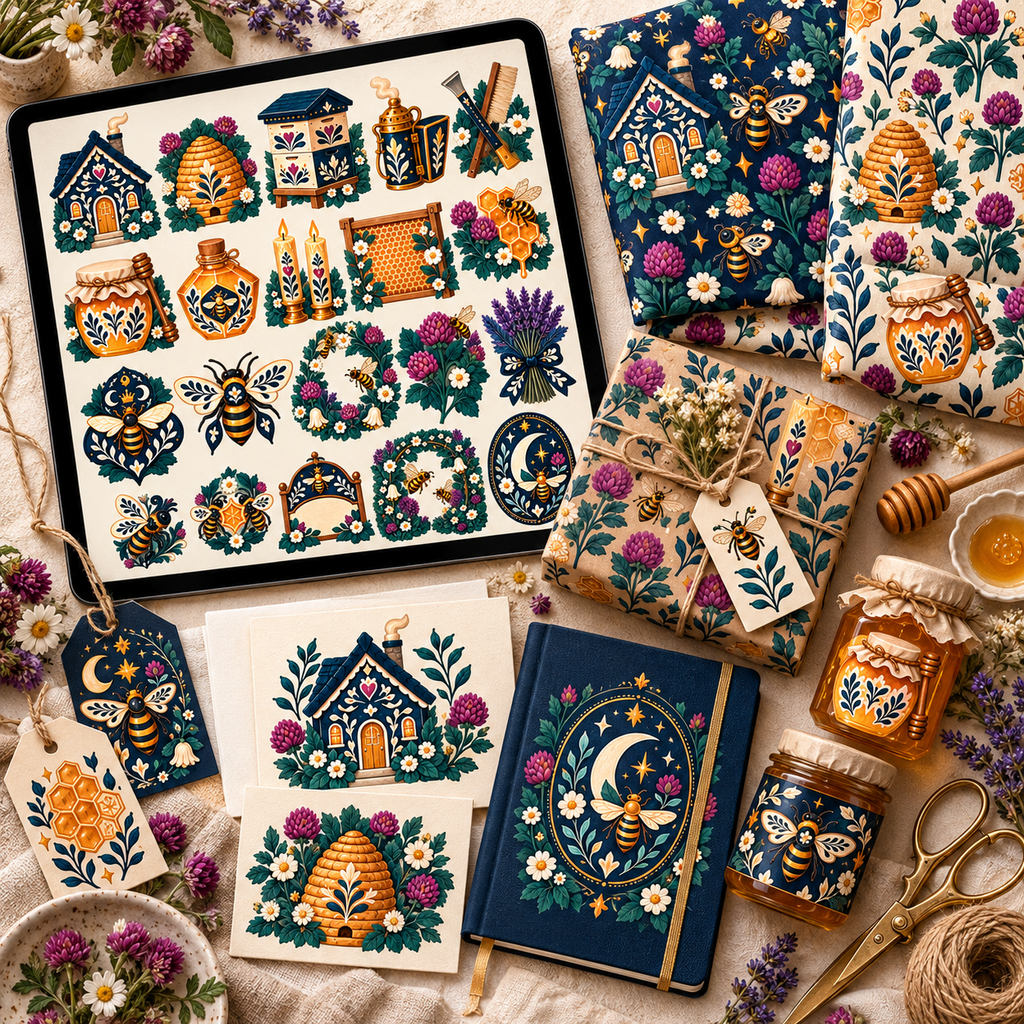 Folk Beekeeper's Cottage & Honey House collection displayed in an eye-catching coordinated product mockup with digital artwork and printed applications.