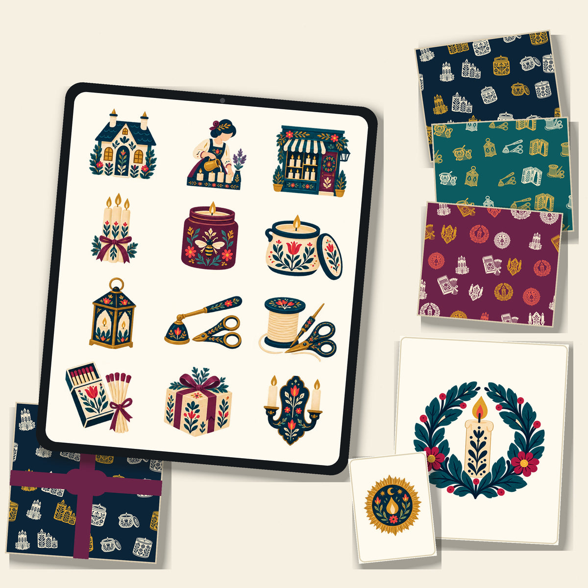 Folk Candle Maker's Cottage & Village Chandlery Clipart & Seamless Pattern Bundle - 40 Transparent PNGs + 6 Digital Papers