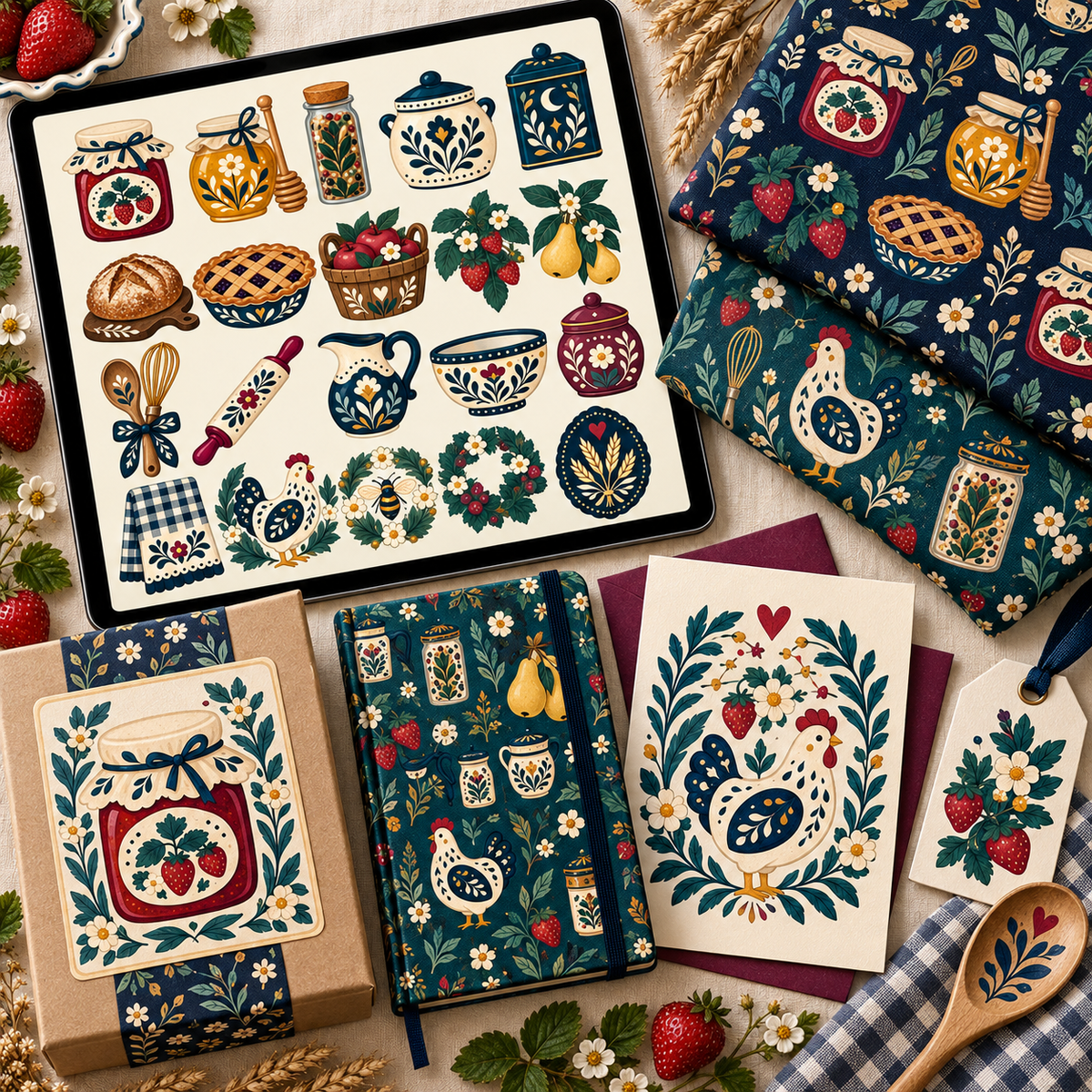 Folk Cottage Kitchen & Pantry Clipart & Seamless Pattern Bundle - 40 Transparent PNGs + 6 Digital Papers