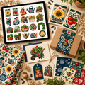 Folk Garden Seed Shop & Potting Shed folk-art collection displayed in an eye-catching coordinated product mockup with digital artwork and printed applications.