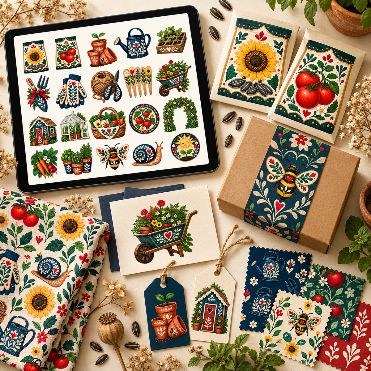 Folk Garden Seed Shop & Potting Shed folk-art collection displayed in an eye-catching coordinated product mockup with digital artwork and printed applications.