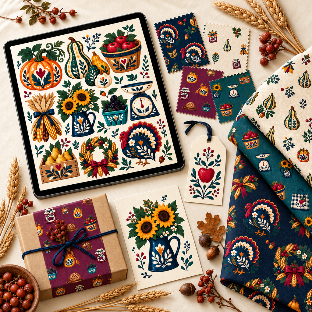 Folk Harvest Market & Farmstand folk-art collection displayed in an eye-catching coordinated product mockup with digital artwork and printed applications.