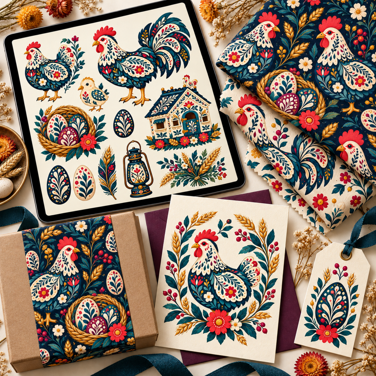 Folk Henhouse and Egg Basket illustrations displayed on a tablet with coordinated pattern textiles, stationery, packaging, and homestead accents.
