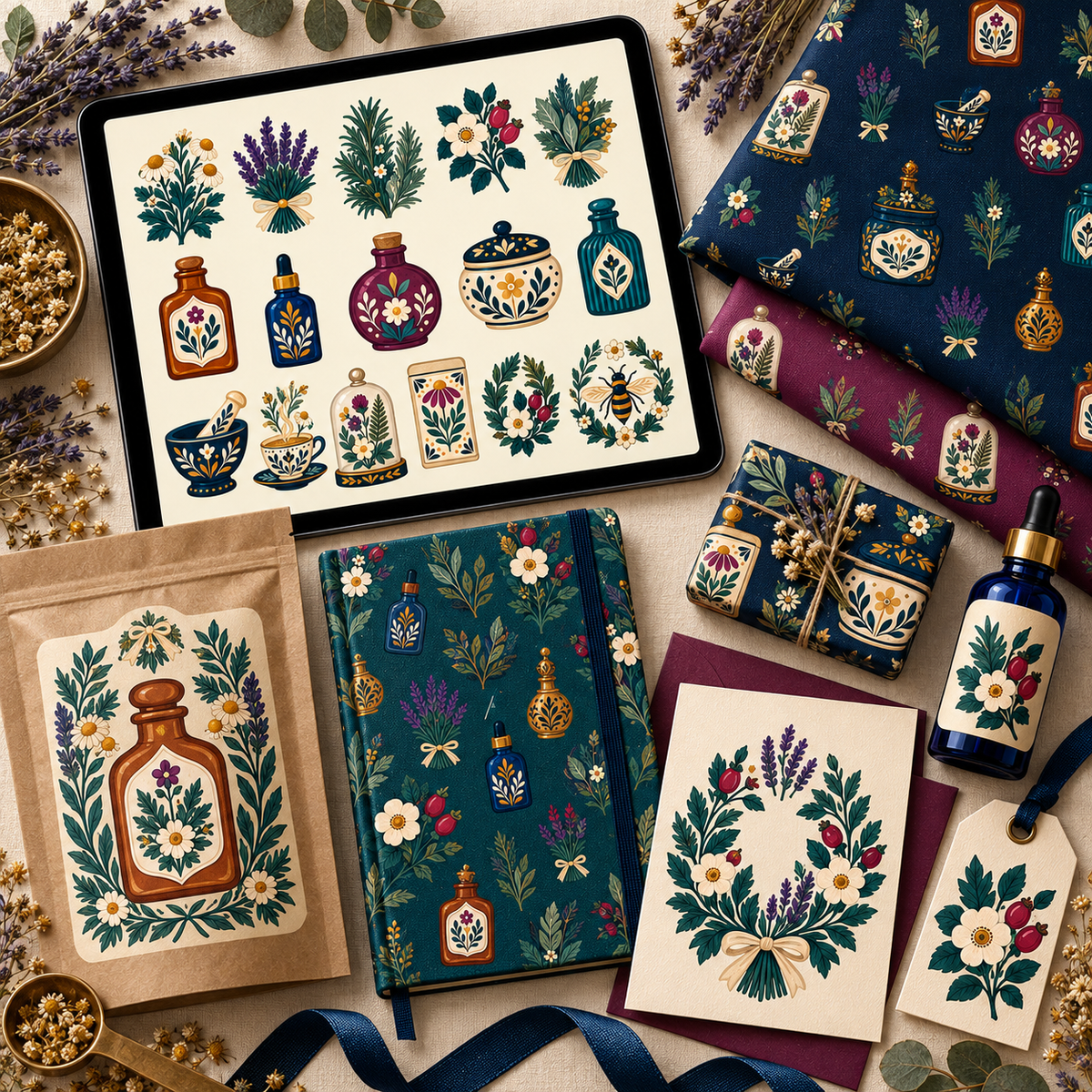 Folk Herbarium & Apothecary Clipart & Seamless Pattern Bundle - 40 Transparent PNGs + 6 Digital Papers