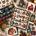 Folk Winter Solstice & Evergreen Market Clipart Bundle - 40 Transparent PNGs + 6 Seamless Patterns