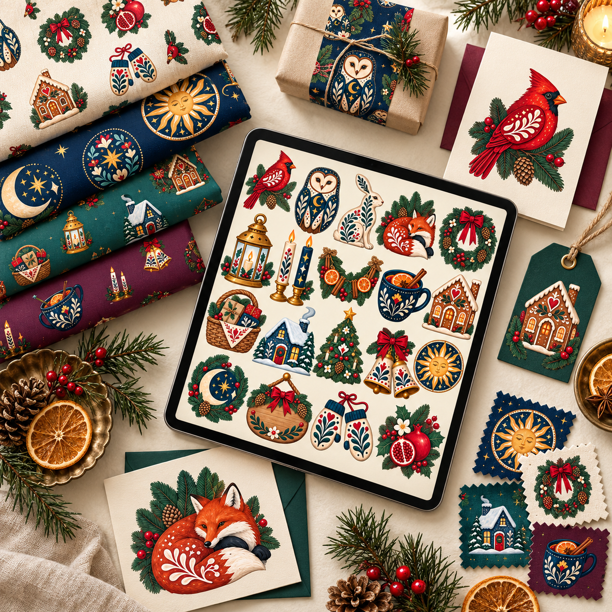 Folk Winter Solstice & Evergreen Market Clipart Bundle - 40 Transparent PNGs + 6 Seamless Patterns