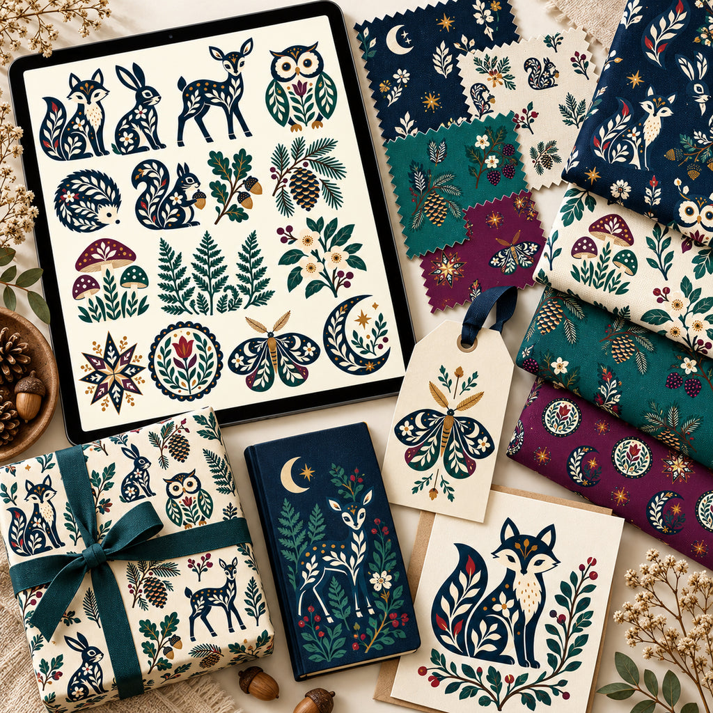 Folk Woodland and Forest Friends artwork displayed on a tablet with coordinated fabrics, wrapped gifts, stationery, swatches, a notebook, and a fox card.